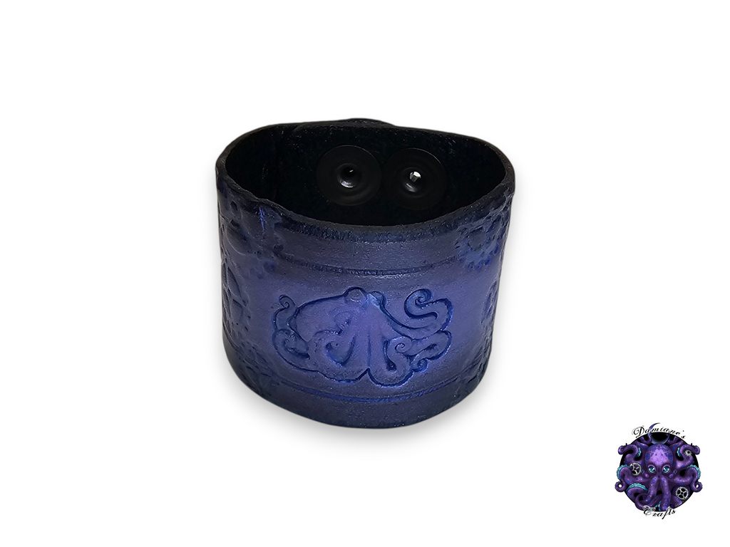 Cuero auténtico, pulsera, brazalete, brazalete, pulpo, engranajes, steampunk, medieval, gótico, punk, rock, metal, heavy metal, marrón, morado, accesorio de moda