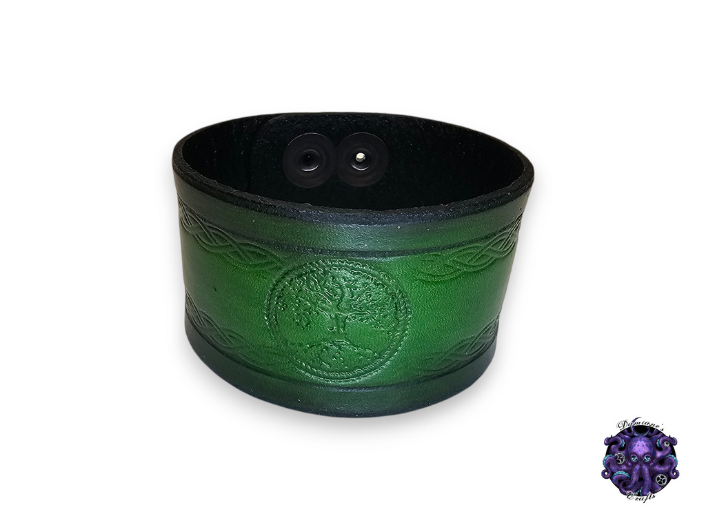 Cuero auténtico, pulsera, brazalete, brazalete, Yggdrasil, vikingo, celta, nudo, medieval, gótico, punk, rock, metal, heavy metal, accesorio de moda, verde