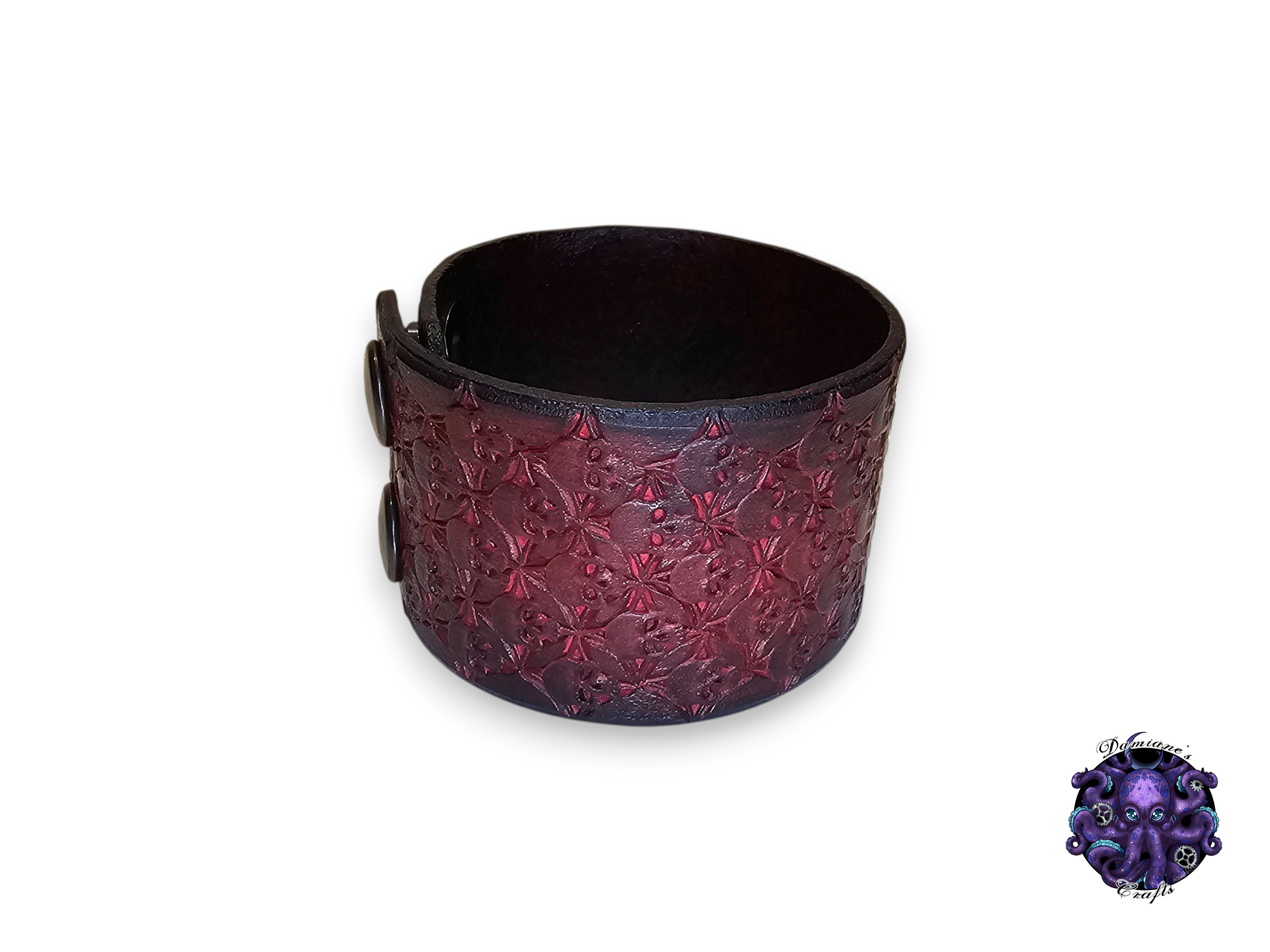 Cuero auténtico, pulsera, brazalete, brazalete, calaveras, medieval, gótico, punk, rock, metal, heavy metal, accesorio de moda, rojo oscuro