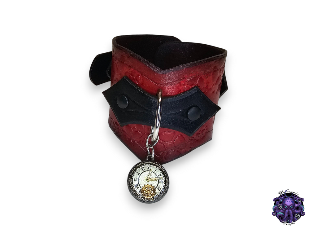 Cuero auténtico, pulsera, brazalete, brazalete, engranaje, hebilla, steampunk, reloj, gótico, punk, rock, metal, heavy metal, negro, morado, rojo, accesorio de moda