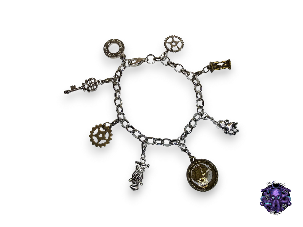 Bracelet, silver, chain, mode accessory, charms, Steampunk, Clock, Gear, Octopus, Owl, Key, hourglass
