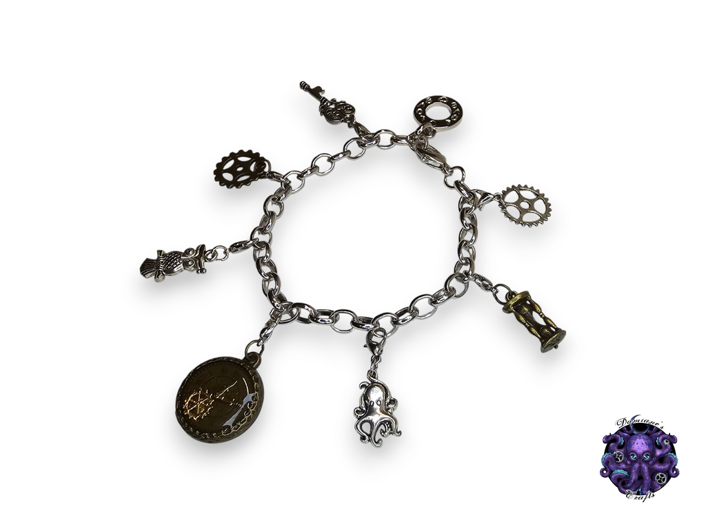 Bracelet, silver, chain, mode accessory, charms, Steampunk, Clock, Gear, Octopus, Owl, Key, hourglass