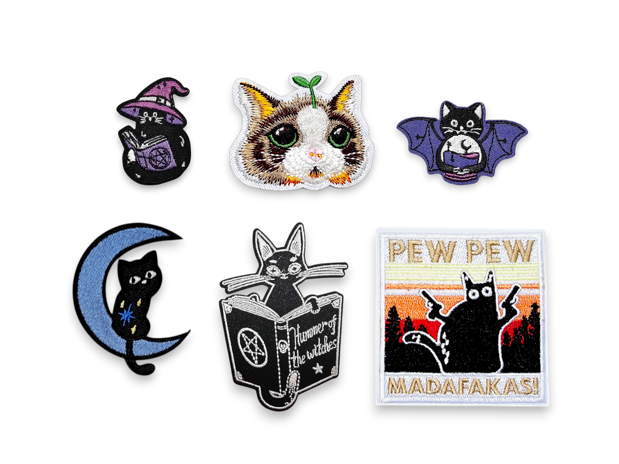 Embroided Patch, Iron on, Glue, Craft supply, Embroidery, Fabric, Cat, cute, animal, witch, hat, book, spellbook, plant, crystal ball, scrying, moon, pew pew