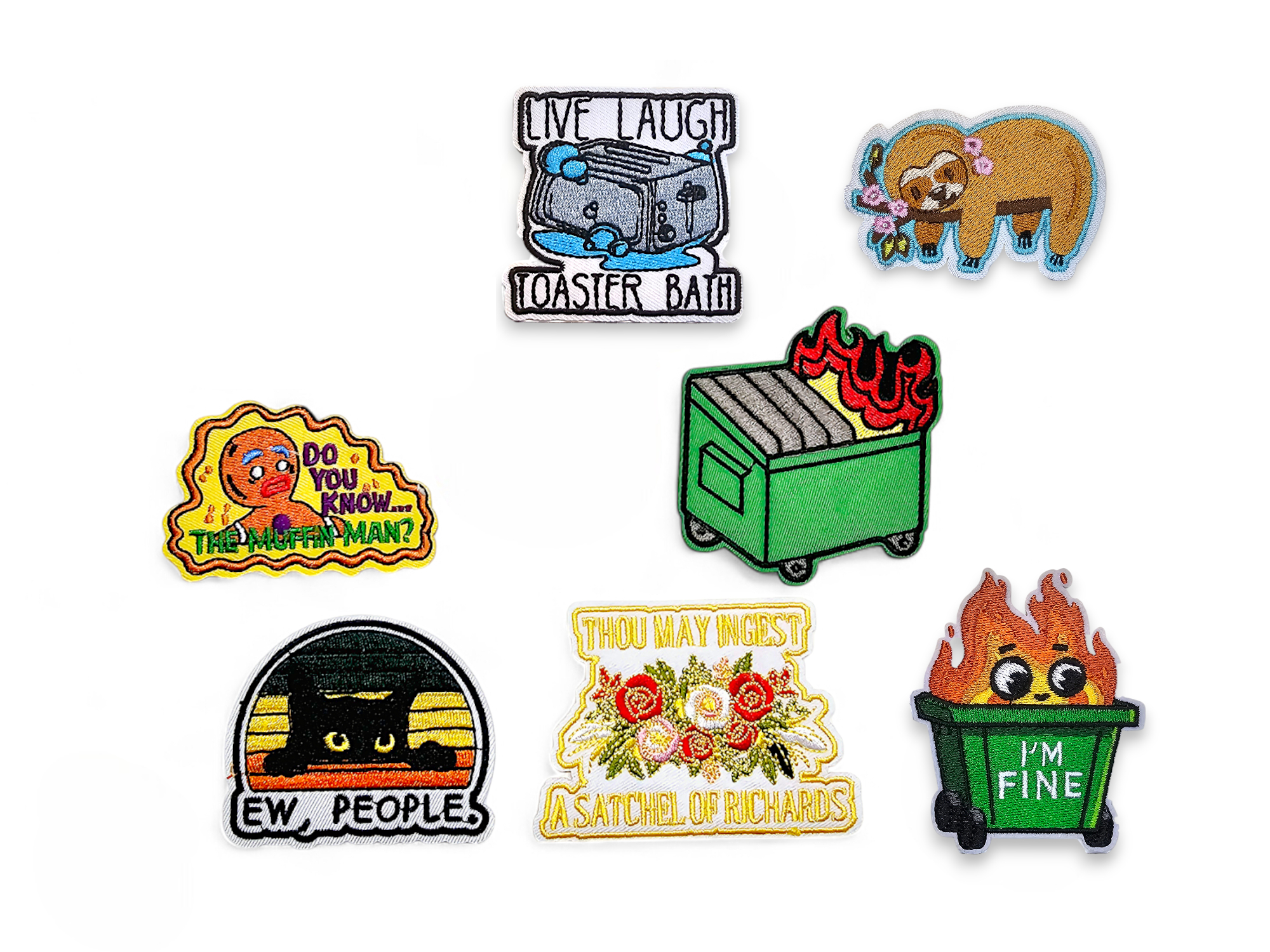 Embroided Patch, Iron on, Glue, Craft supply, Embroidery, Fabric, Meme, funny, Quote, toaster, sloth, dumpster fire, ew, people, i'm fine