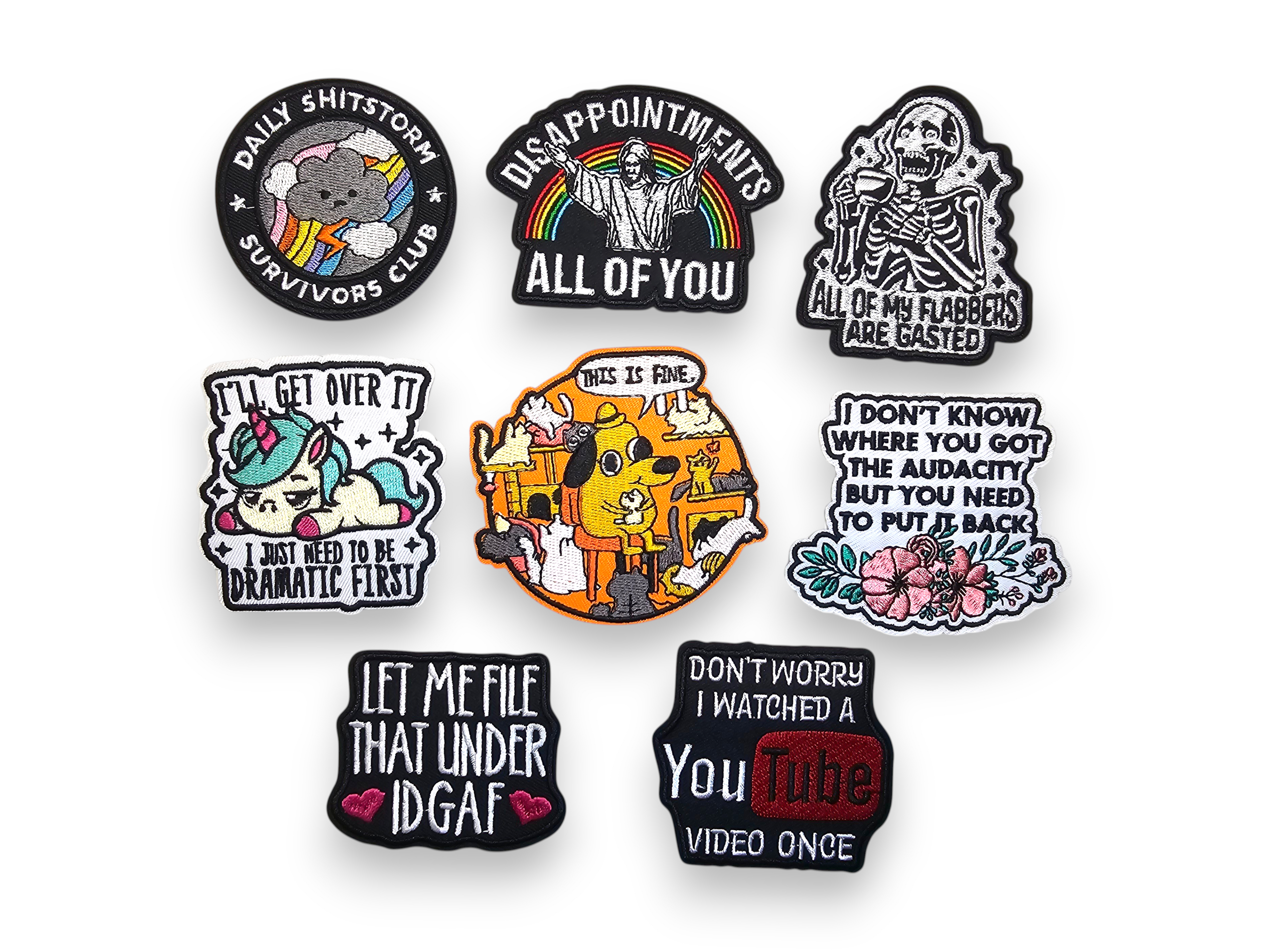 Embroided Patch, Iron on, Glue, Craft supply, Embroidery, Fabric, Meme, funny, Quote, Daily shitstorm, disapointement, flabber gasted, dramatic, unicorn, this is fine, audacity, IDGAF, youtube