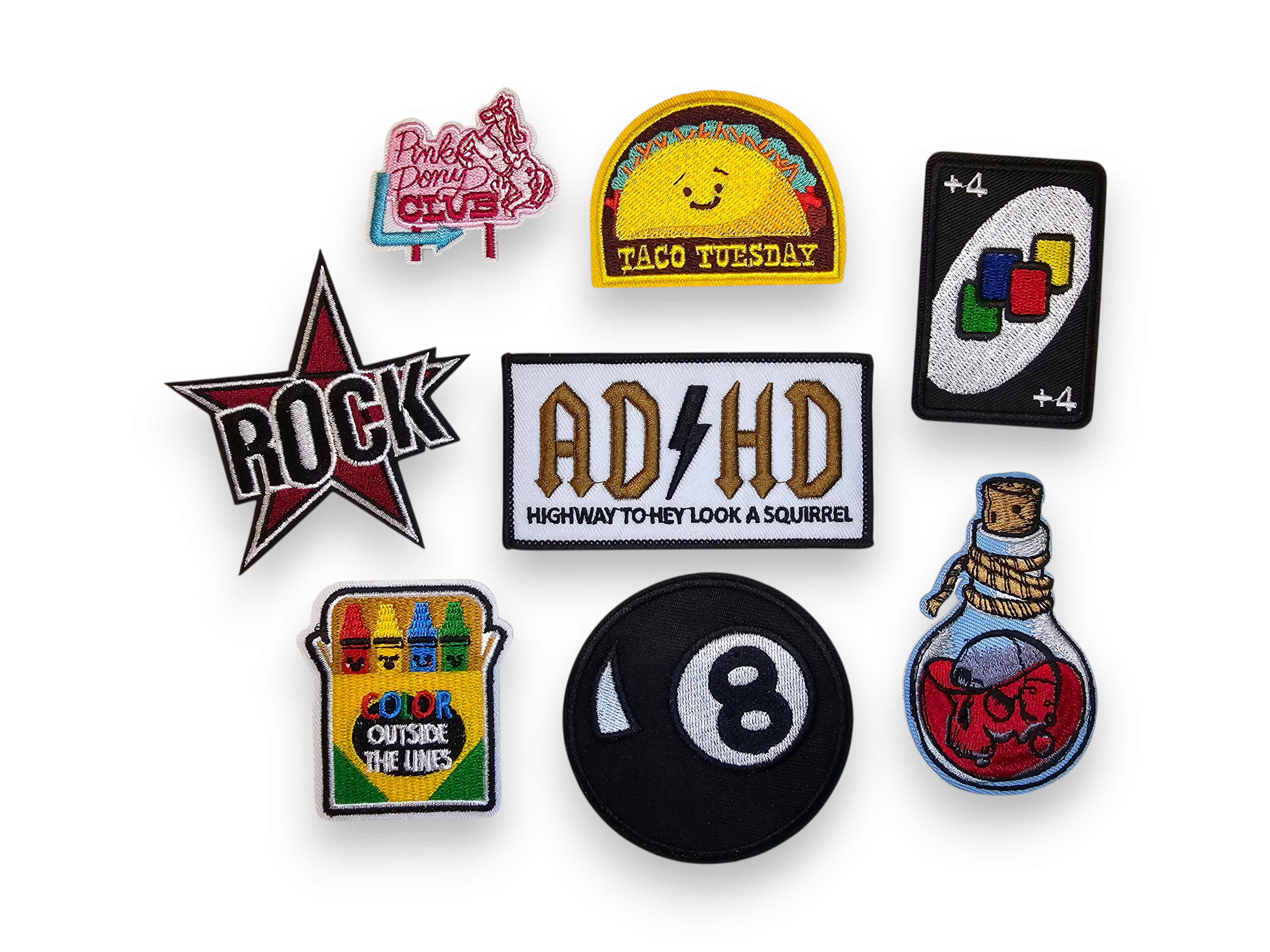 Embroided Patch, Iron on, Glue, Craft supply, Embroidery, Fabric, Meme, funny, Quote, Pink pony club, Taco tuesday, Uno, Rock star, ADHD, crayon, 8 ball, potion skull