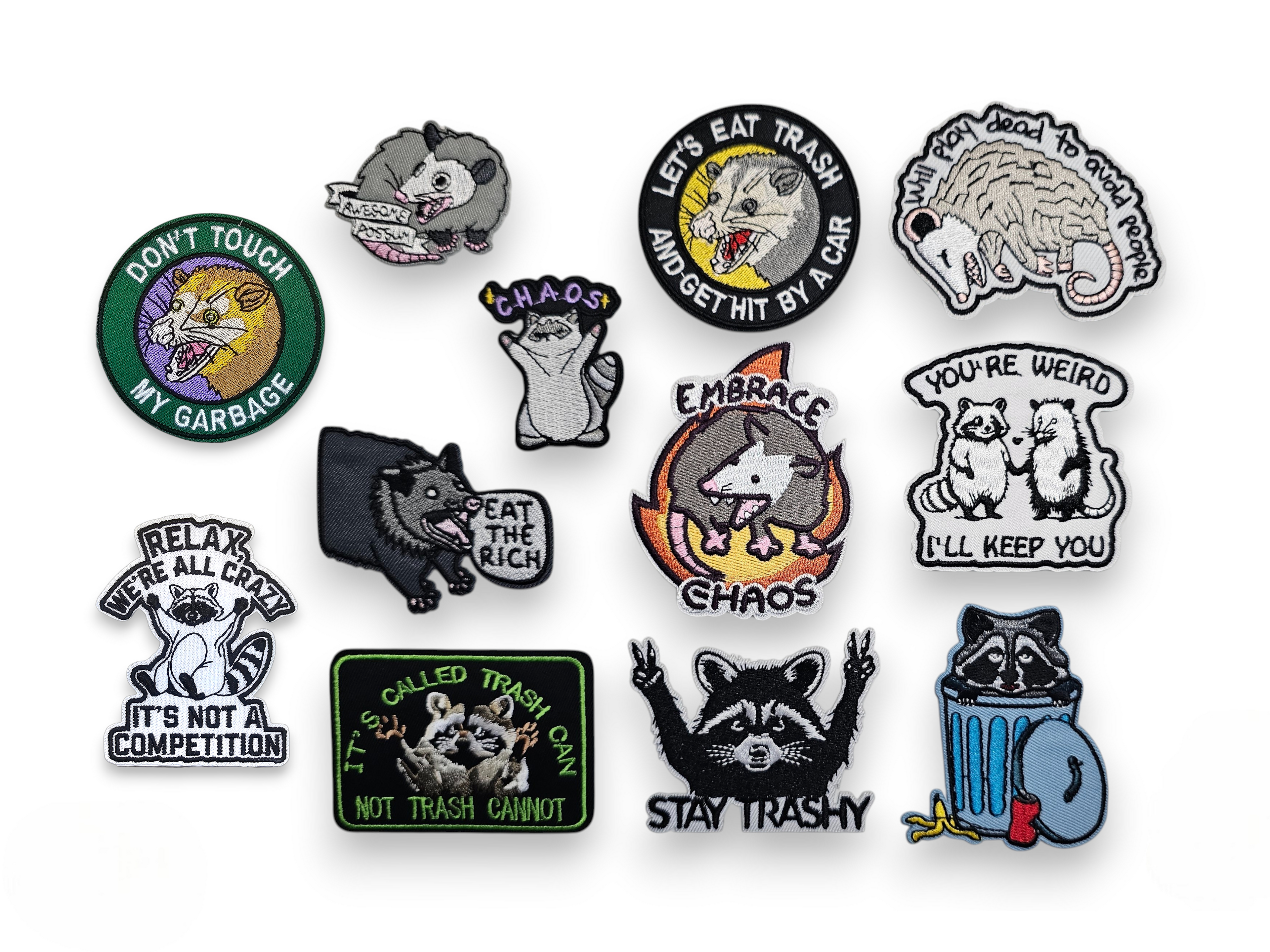 Embroided Patch, Iron on, Glue, Craft supply, Embroidery, Fabric, Raccoon, Possum, Opossum, Garbage, Chaos, Play dead, Eat the rich, Punk, Weird, crazy, trash can, trashy