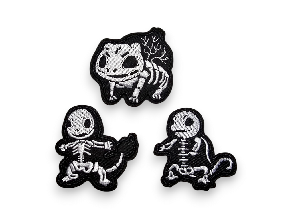 Embroided Patch, Iron on, Glue, Craft supply, Embroidery, Monster, video game, creature, Black, white, turtle, dragon, bulb, skeleton