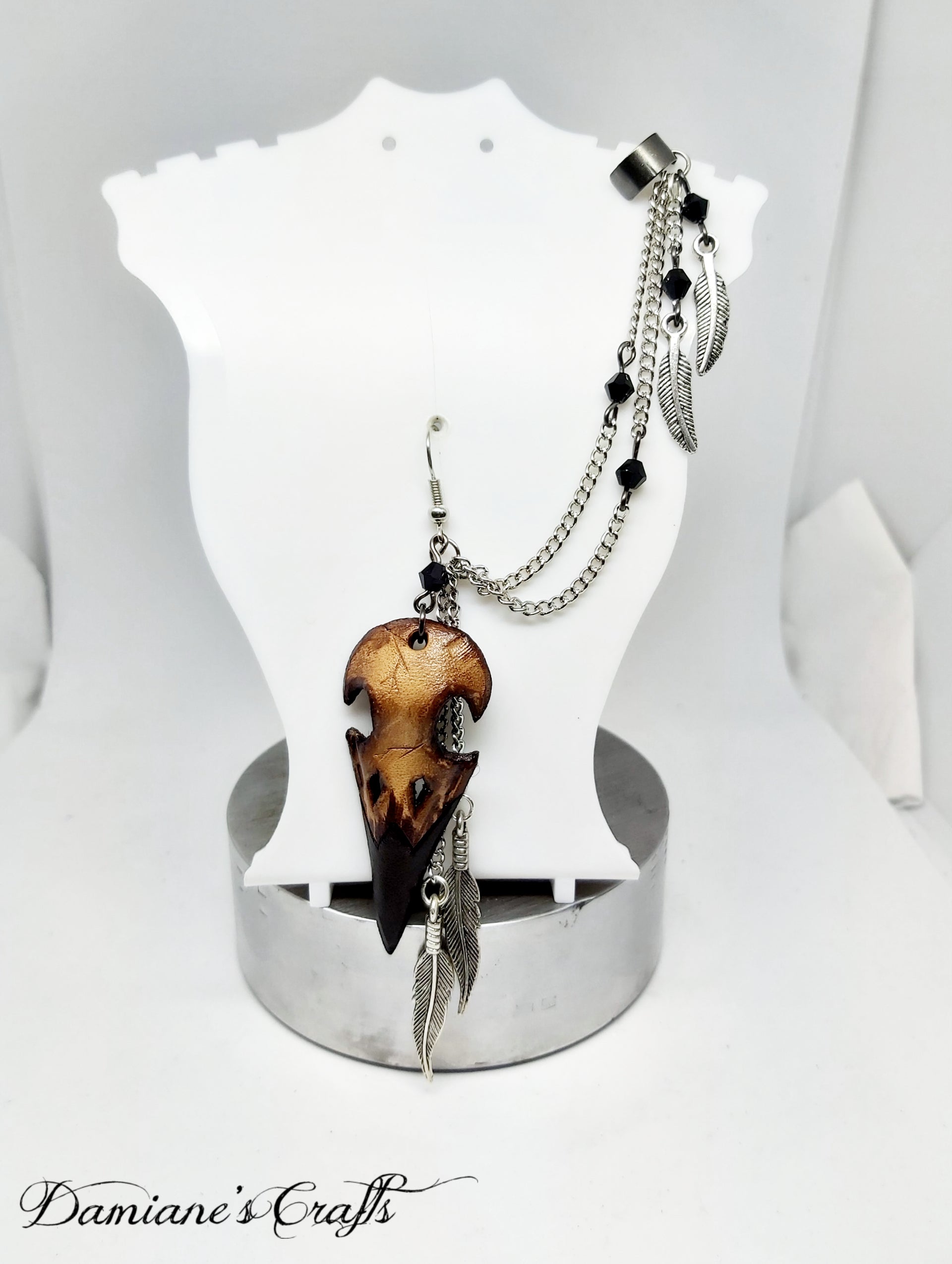 Earring, Real leather, Cuff, hook, Unique, Solo, Skull, Raven, Crow, Halloween, Gothic, Steampunk, Viking, dark