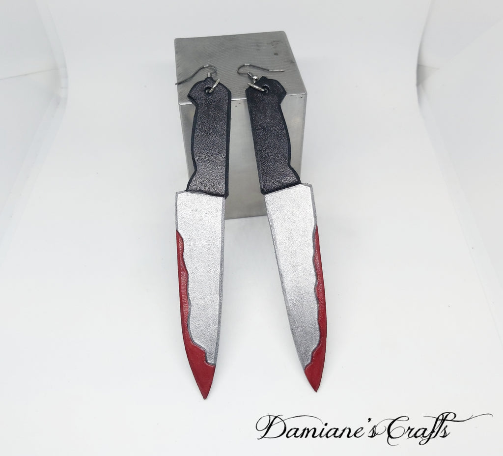 Earrings, Real leather, Bloody knifes, Psycho, blood, movies, cosplay, halloween, gothic, true crime