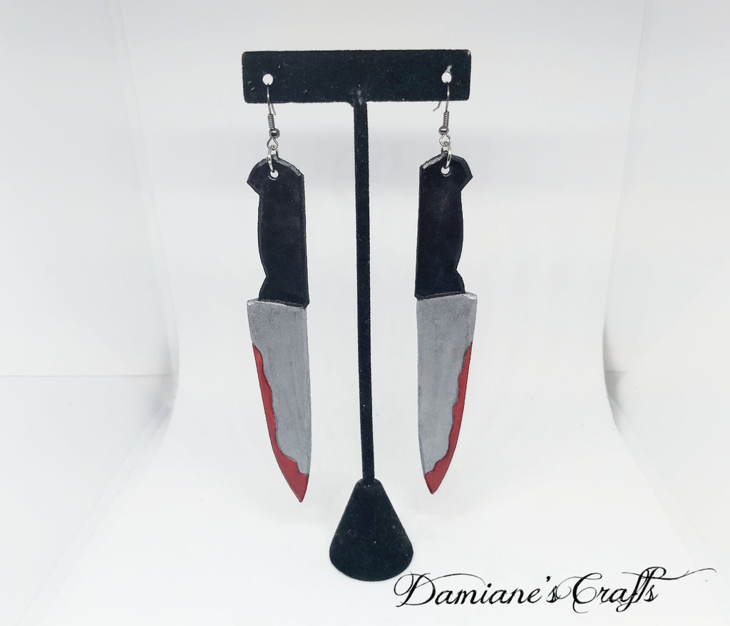Earrings, Real leather, Bloody knifes, Psycho, blood, movies, cosplay, halloween, gothic, true crime