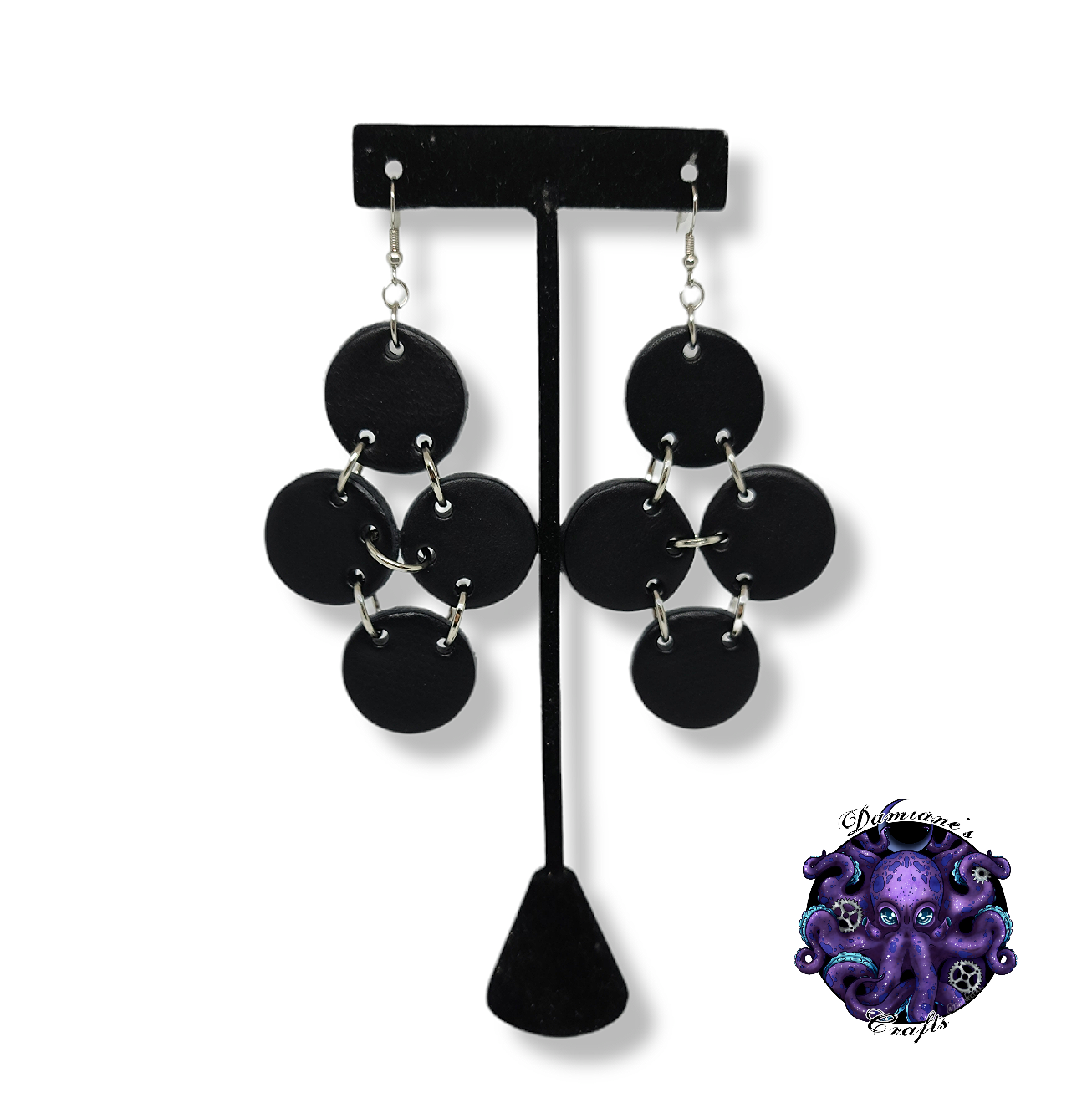 Earrings, Real leather, hook, Circles, Chainmail, boho, Gothic, black