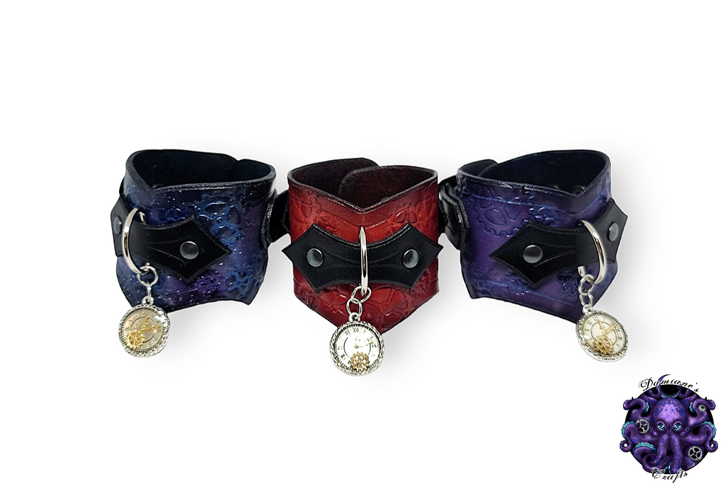 Cuero auténtico, pulsera, brazalete, brazalete, engranaje, hebilla, steampunk, reloj, gótico, punk, rock, metal, heavy metal, negro, morado, rojo, accesorio de moda