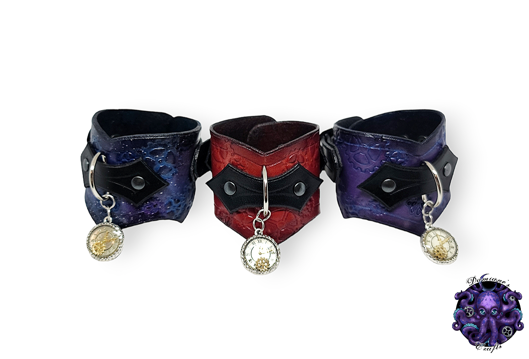 Real leather, Wristband, Wristcuff, Cuff, Bracelet, Gear, Buckle, Steampunk, clock, gothic, punk, rock, metal, heavy metal, black, Purple, Red, mode accessory