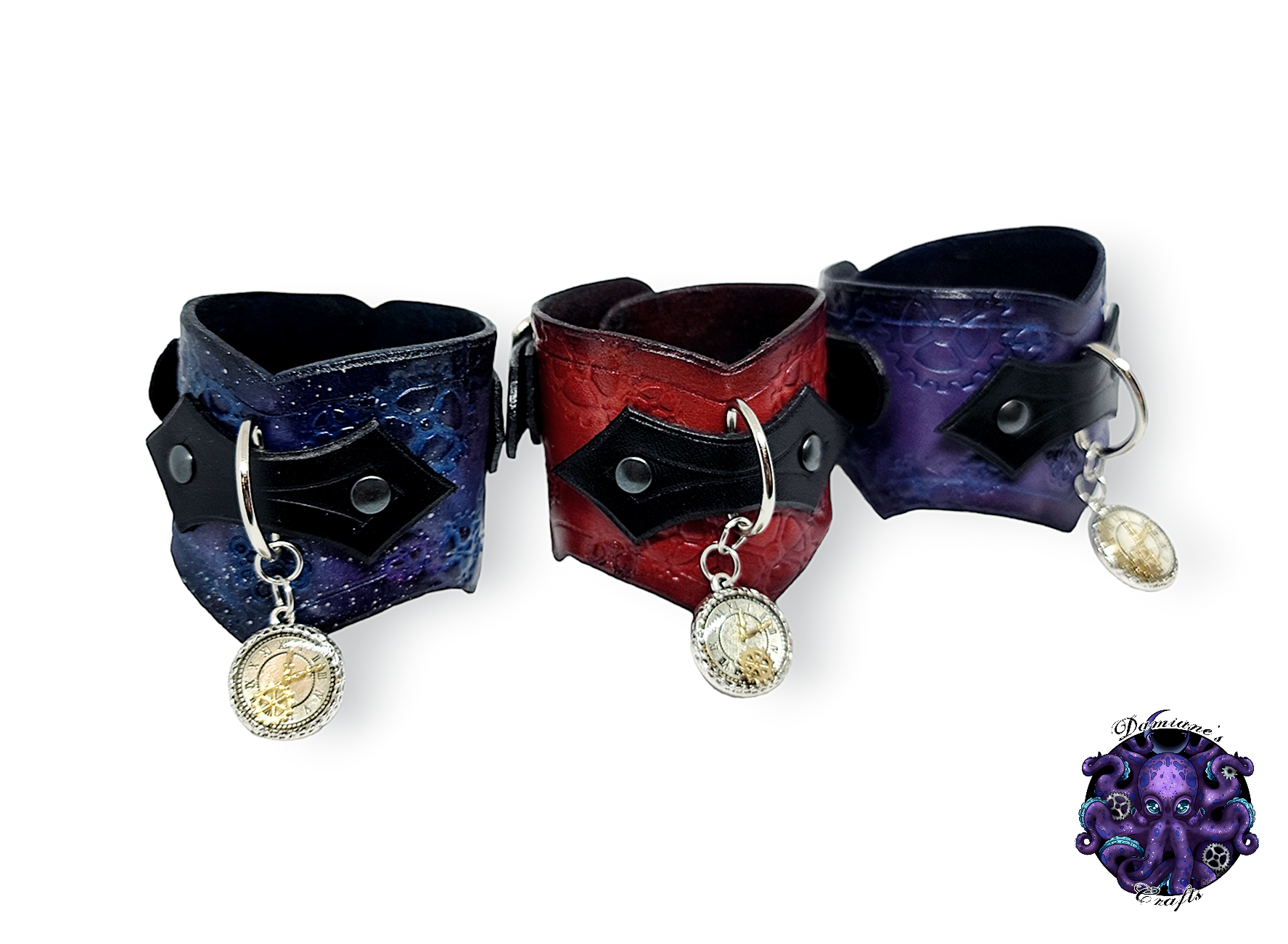 Real leather, Wristband, Wristcuff, Cuff, Bracelet, Gear, Buckle, Steampunk, clock, gothic, punk, rock, metal, heavy metal, black, Purple, Red, mode accessory