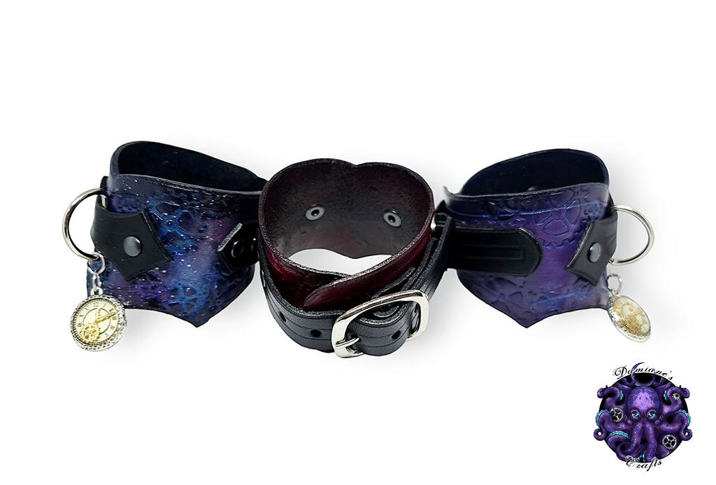 Cuero auténtico, pulsera, brazalete, brazalete, engranaje, hebilla, steampunk, reloj, gótico, punk, rock, metal, heavy metal, negro, morado, rojo, accesorio de moda