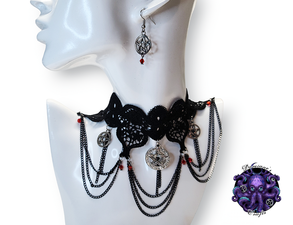 Kit, Choker, earrings, lace, cotton, guipure, black, pentagram, pentacle, argent, red crystals, chains, mode, witch, magic, gothic
