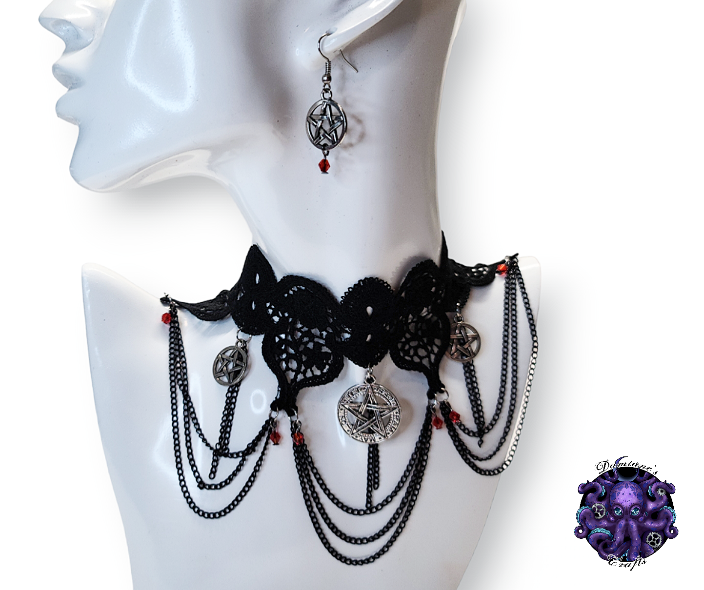 Kit, Choker, earrings, lace, cotton, guipure, black, pentagram, pentacle, argent, red crystals, chains, mode, witch, magic, gothic