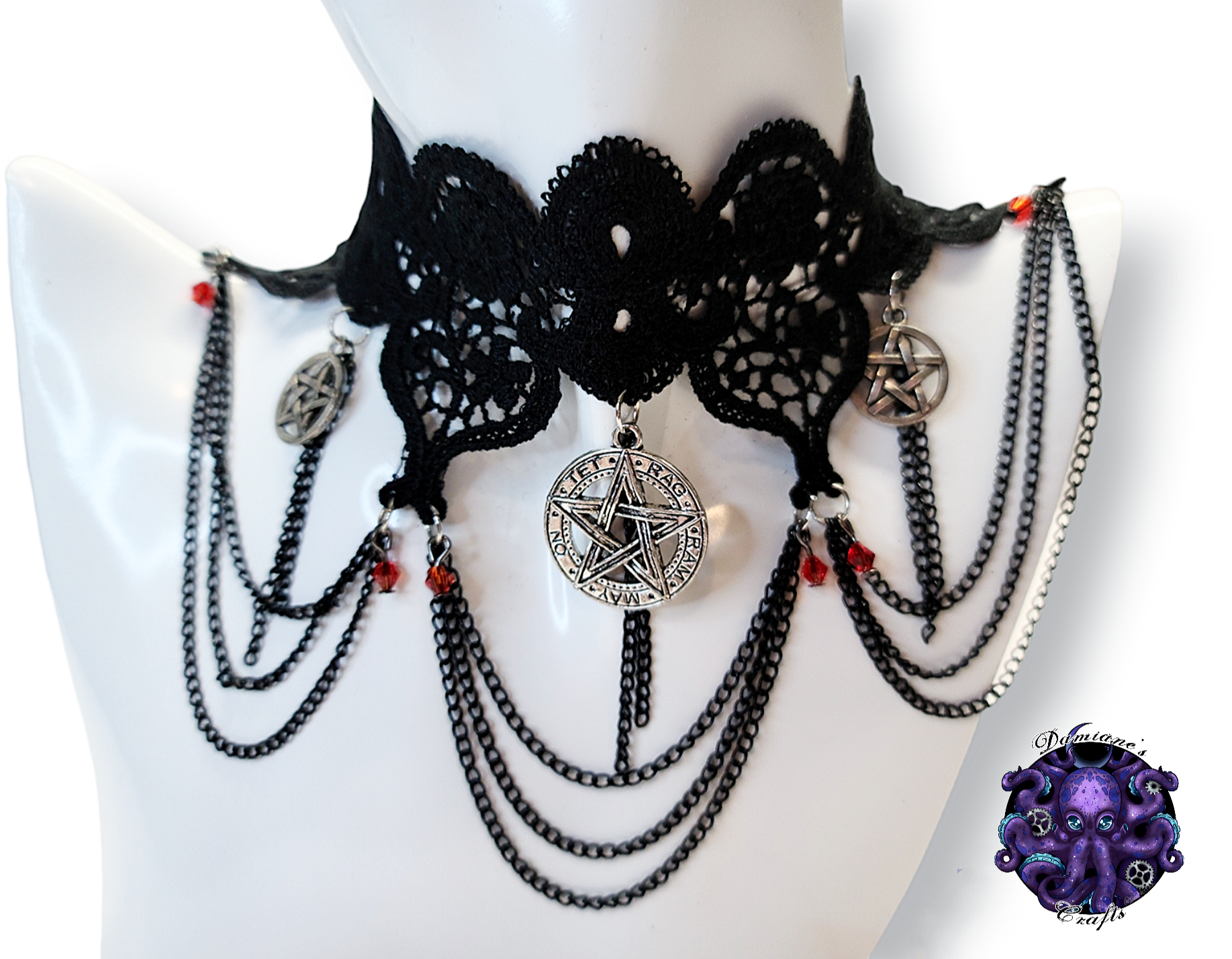 Kit, Choker, earrings, lace, cotton, guipure, black, pentagram, pentacle, argent, red crystals, chains, mode, witch, magic, gothic