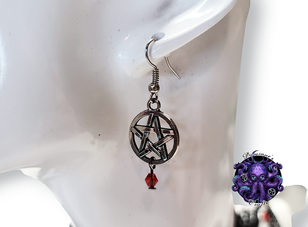 Kit, Choker, earrings, lace, cotton, guipure, black, pentagram, pentacle, argent, red crystals, chains, mode, witch, magic, gothic