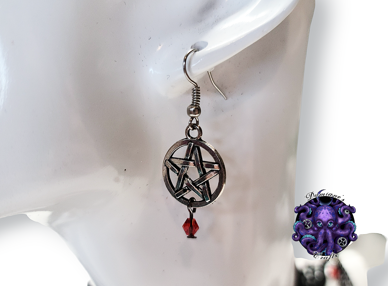 Kit, Choker, earrings, lace, cotton, guipure, black, pentagram, pentacle, argent, red crystals, chains, mode, witch, magic, gothic