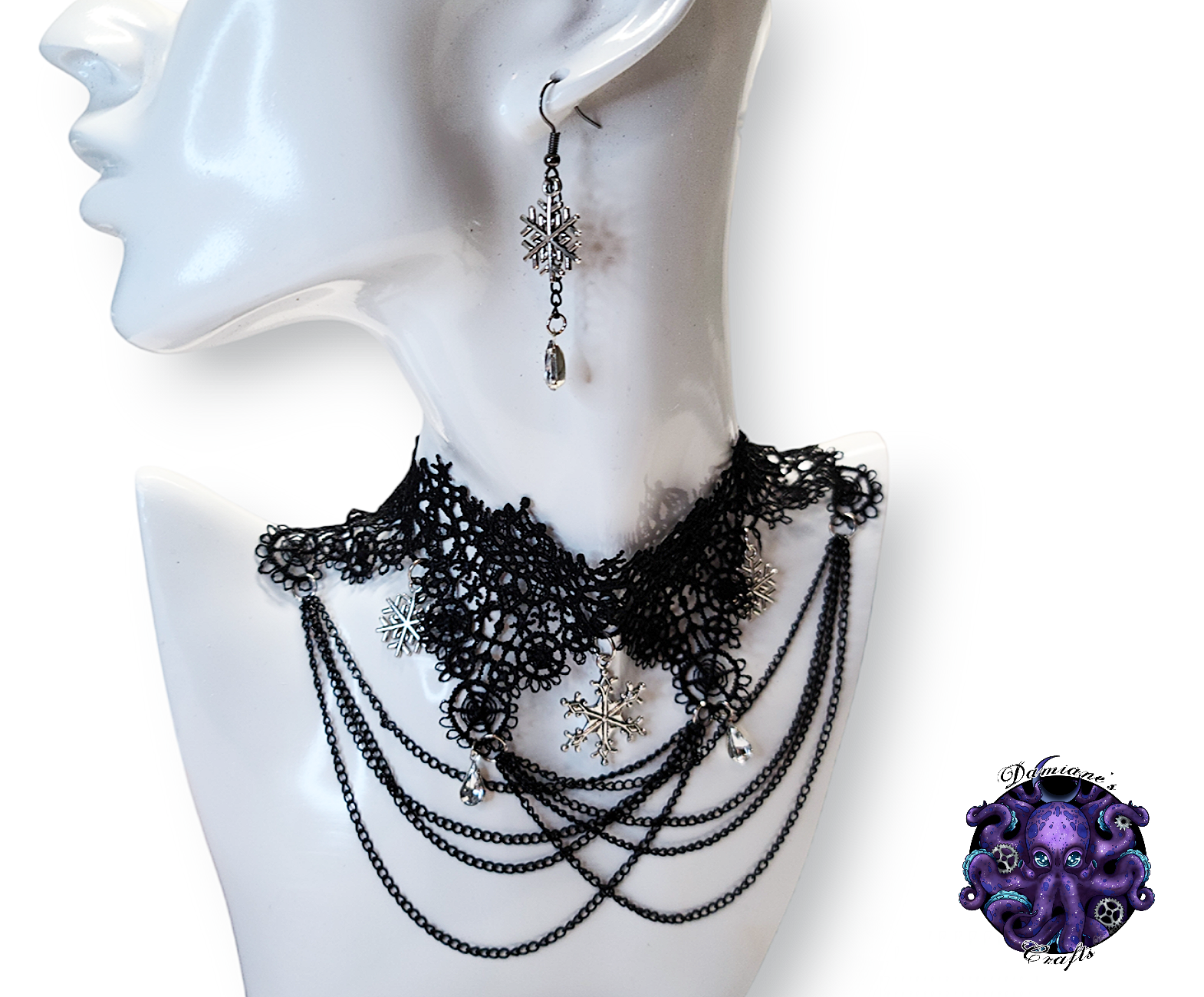 Kit, Choker, earrings, lace, cotton, guipure, black, snowflake, winter, silver, crystals, chains, mode, gothic