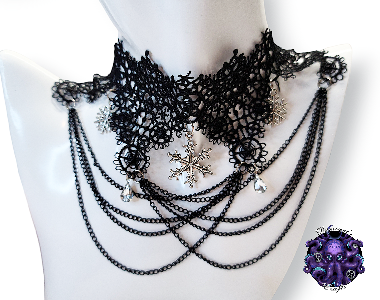 Kit, Choker, earrings, lace, cotton, guipure, black, snowflake, winter, silver, crystals, chains, mode, gothic