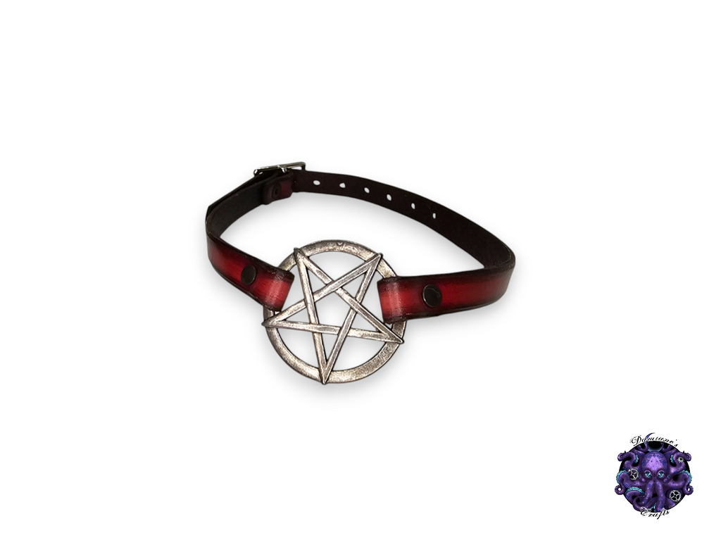 Real leather, Choker, very thin, Pentagram, Pentacle, ring, steampunk, Medieval, Gothic, Vampire, punk, rock, metal, heavy metal, mode accessory, bdsm