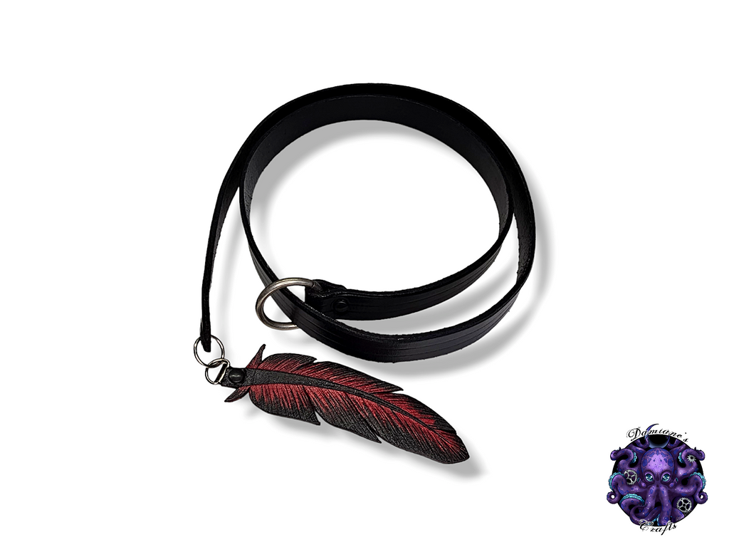 Loop belt, Ring, Real leather, Crow, Raven, Feather, Red, waist, boho, rock, mode