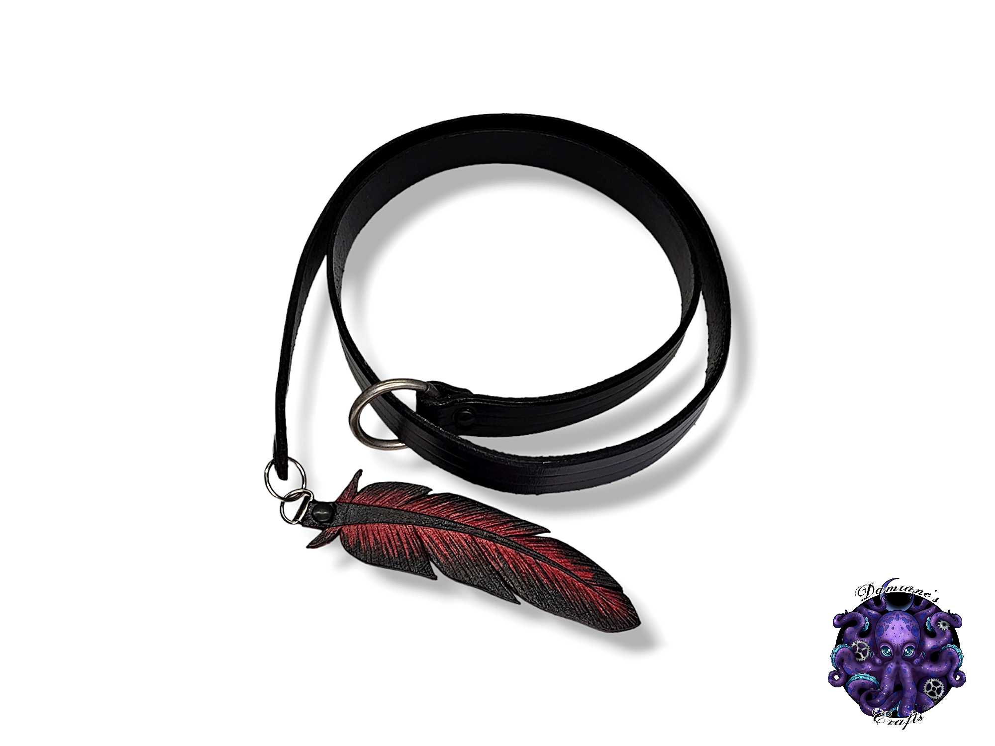 Loop belt, Ring, Real leather, Crow, Raven, Feather, Red, waist, boho, rock, mode
