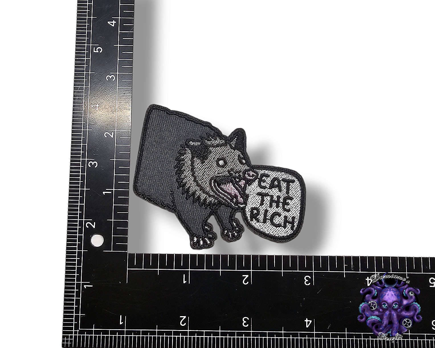 Embroided Patch, Iron on, Glue, Craft supply, Embroidery, Fabric, Raccoon, Possum, Opossum, Garbage, Chaos, Play dead, Eat the rich, Punk, Weird, crazy, trash can, trashy