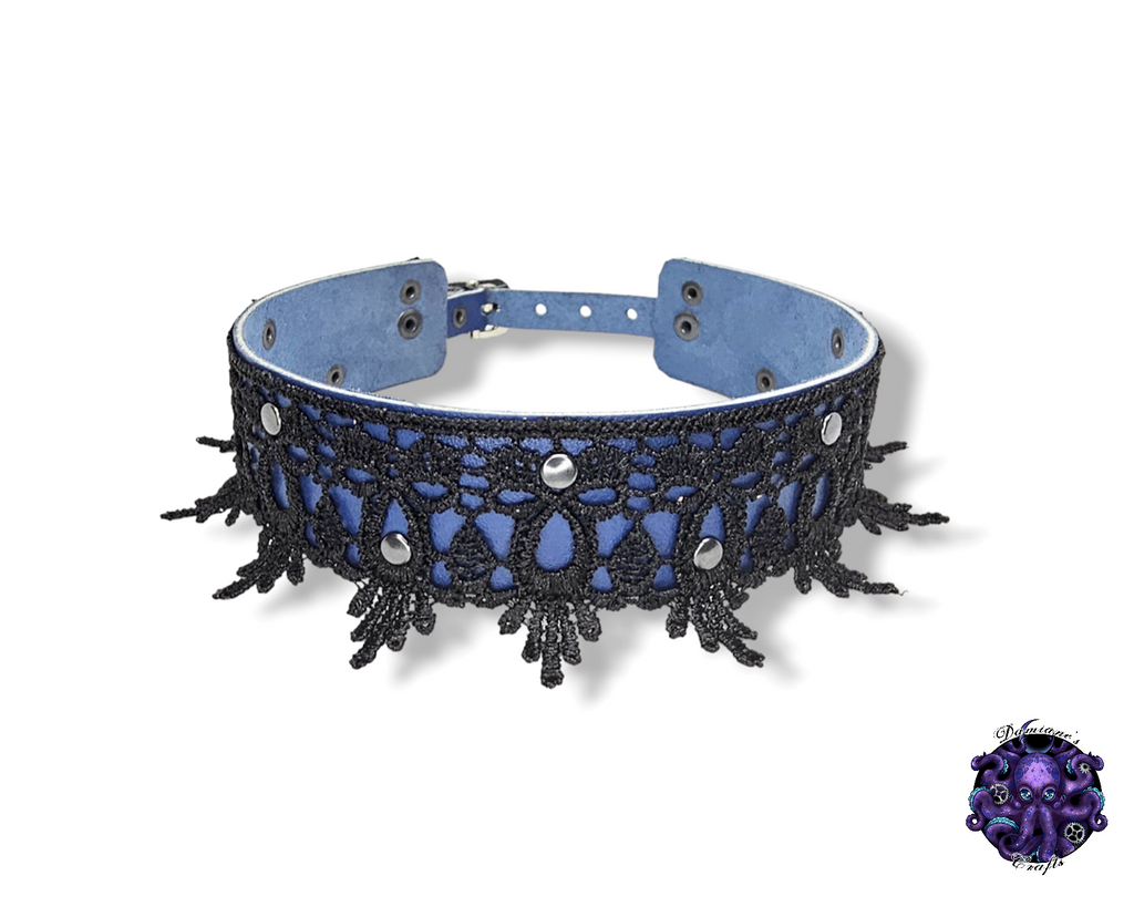 Cuir véritable, ras-de-cou, dentelle, guipure, steampunk, médiéval, gothique, vampire, punk, rock, métal, heavy metal, accessoire de mode, BDSM
