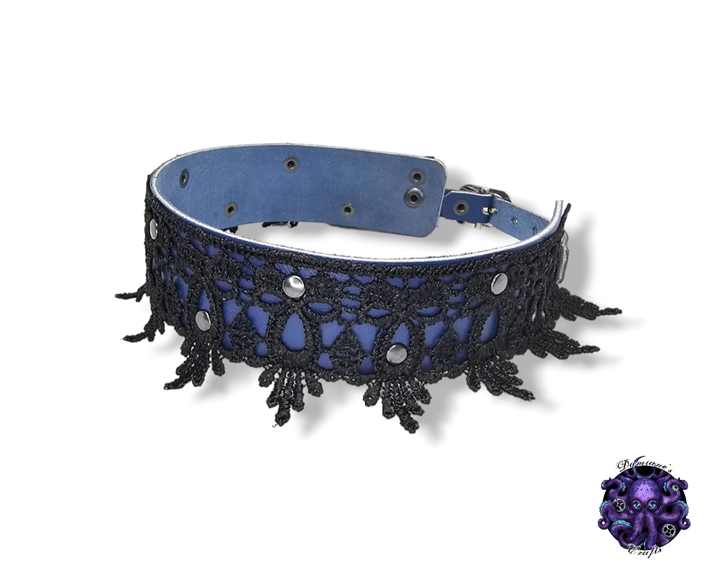 Cuir véritable, ras-de-cou, dentelle, guipure, steampunk, médiéval, gothique, vampire, punk, rock, métal, heavy metal, accessoire de mode, BDSM