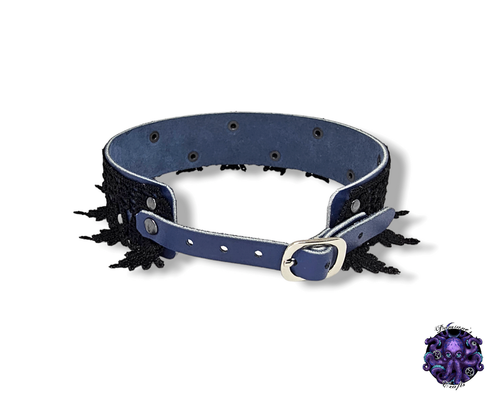 Cuir véritable, ras-de-cou, dentelle, guipure, steampunk, médiéval, gothique, vampire, punk, rock, métal, heavy metal, accessoire de mode, BDSM