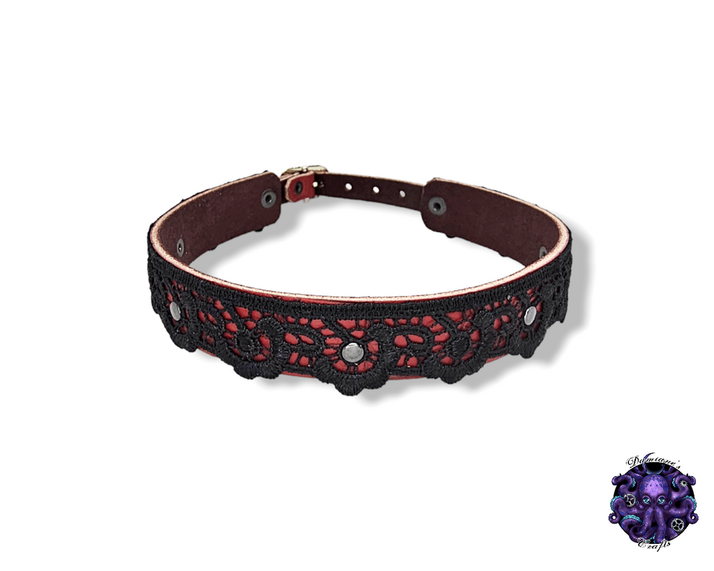 Cuero auténtico, Gargantilla, Encaje, Guipur, Steampunk, Medieval, Gótico, Vampiro, Punk, Rock, Metal, Heavy Metal, Accesorio de moda, BDSM