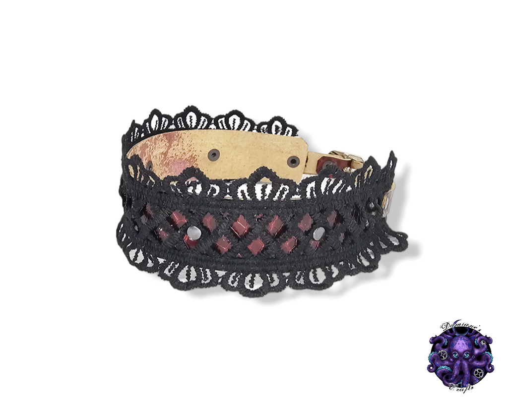 Real leather, Choker, Lace, Guipure, steampunk, Medieval, Gothic, Vampire, punk, rock, metal, heavy metal, mode accessory, bdsm