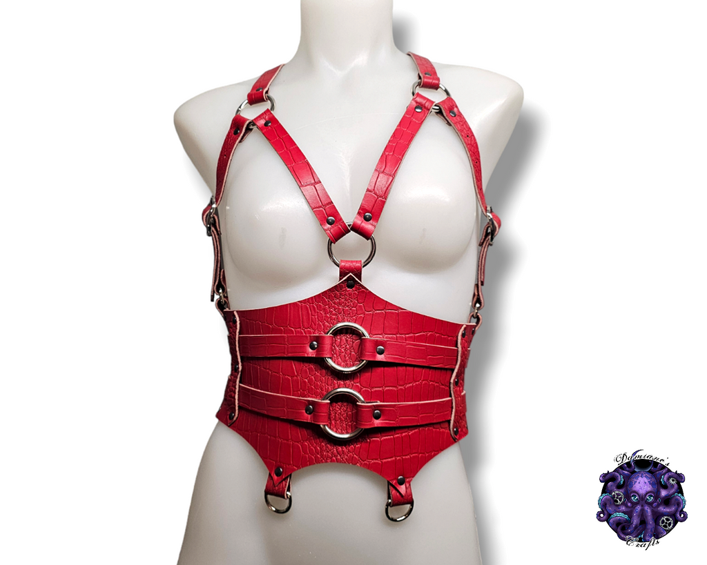 Real leather, Harness, corset, belt, Women, ring, O-ring, steampunk, Medieval, Gothic, Vampire, punk, rock, metal, heavy metal, mode accessory, bdsm, red