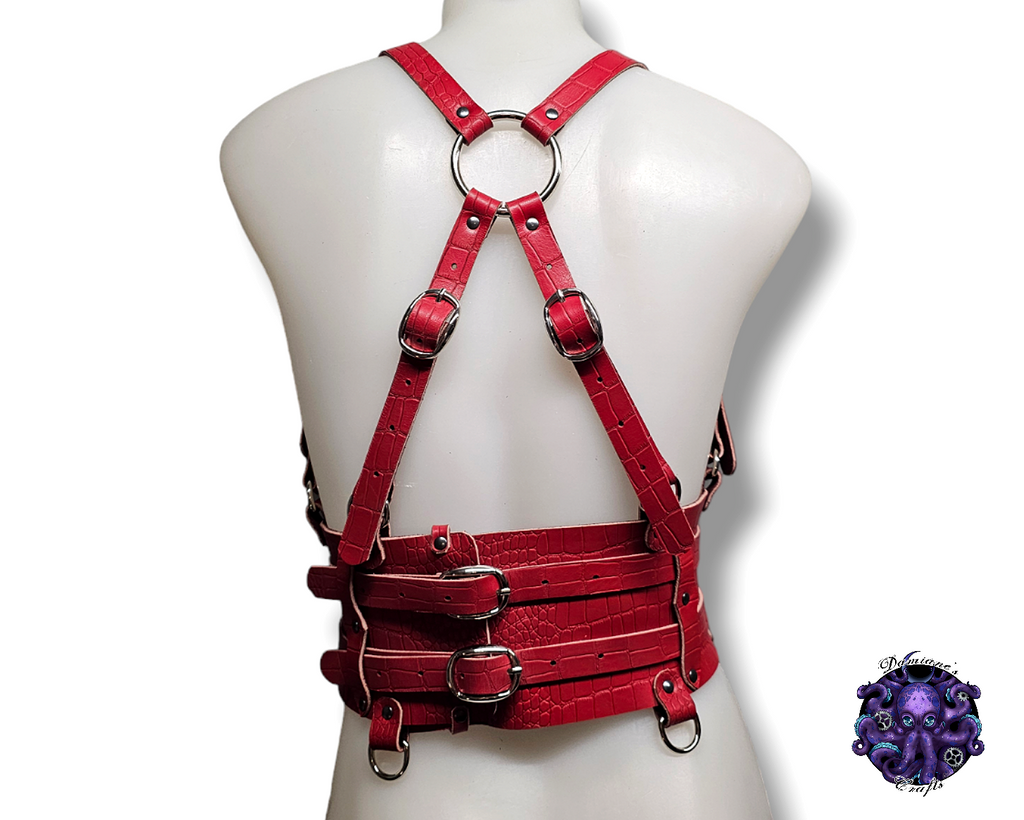 Real leather, Harness, corset, belt, Women, ring, O-ring, steampunk, Medieval, Gothic, Vampire, punk, rock, metal, heavy metal, mode accessory, bdsm, red