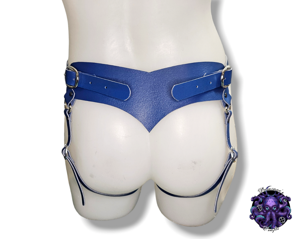 Cuir véritable, harnais, strap-on, anneau en O, steampunk, médiéval, gothique, vampire, punk, rock, métal, heavy metal, accessoire de mode, BDSM, bleu
