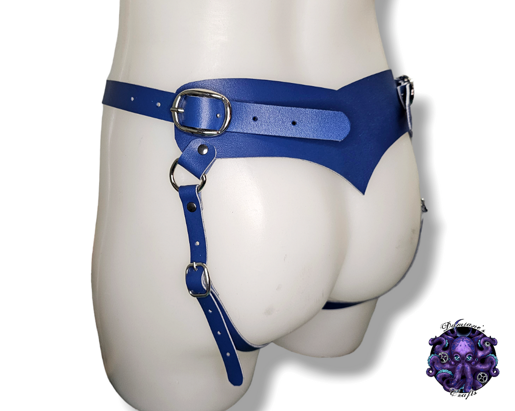 Cuir véritable, harnais, strap-on, anneau en O, steampunk, médiéval, gothique, vampire, punk, rock, métal, heavy metal, accessoire de mode, BDSM, bleu