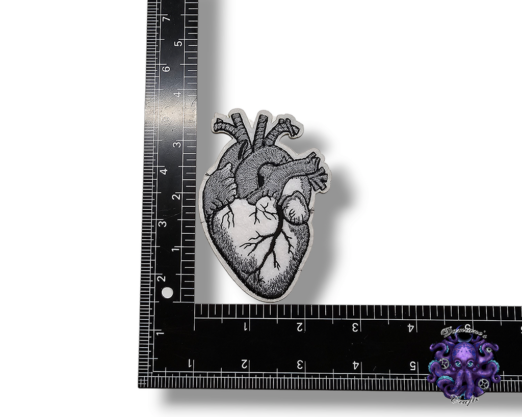 Embroided Patch, Iron on, Glue, Craft supply, Embroidery, Fabric, Heart, anatomic, realistic, red, white, gray
