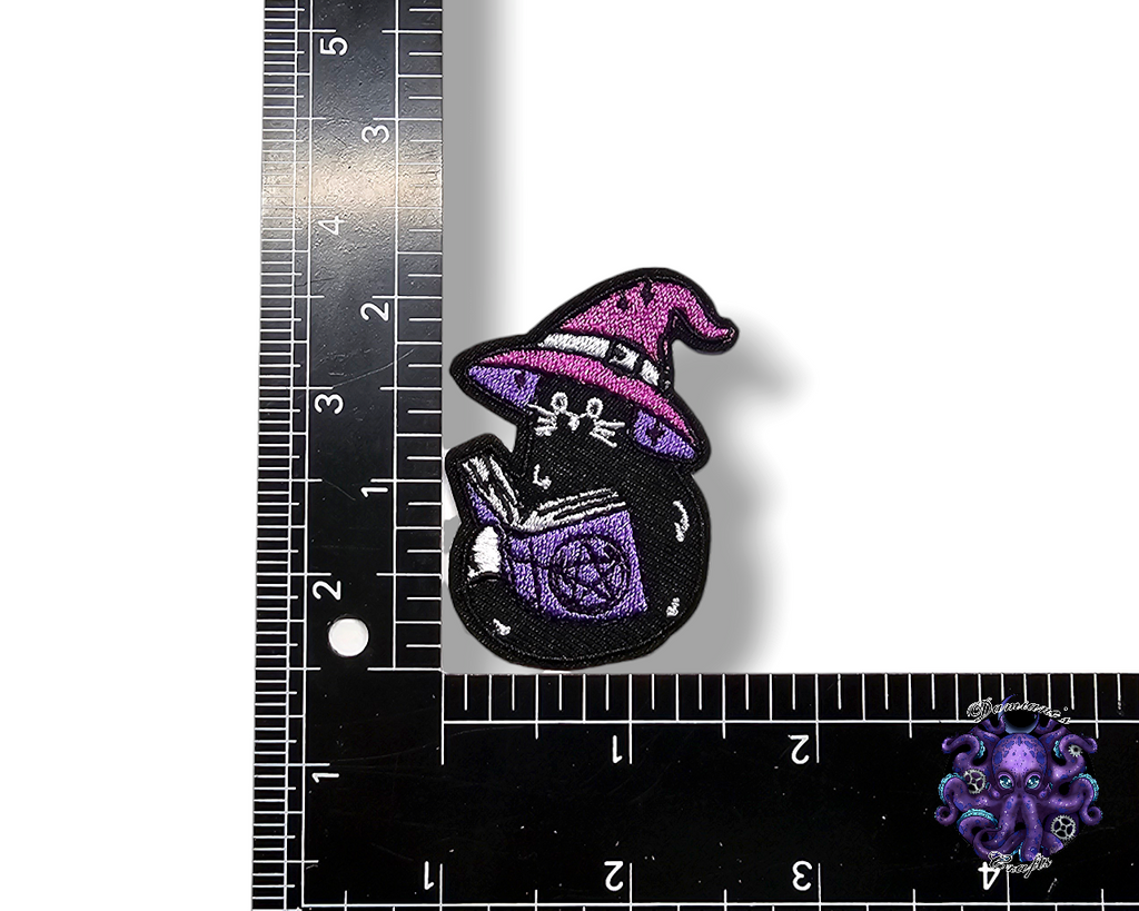 Embroided Patch, Iron on, Glue, Craft supply, Embroidery, Fabric, Cat, cute, animal, witch, hat, book, spellbook, plant, crystal ball, scrying, moon, pew pew