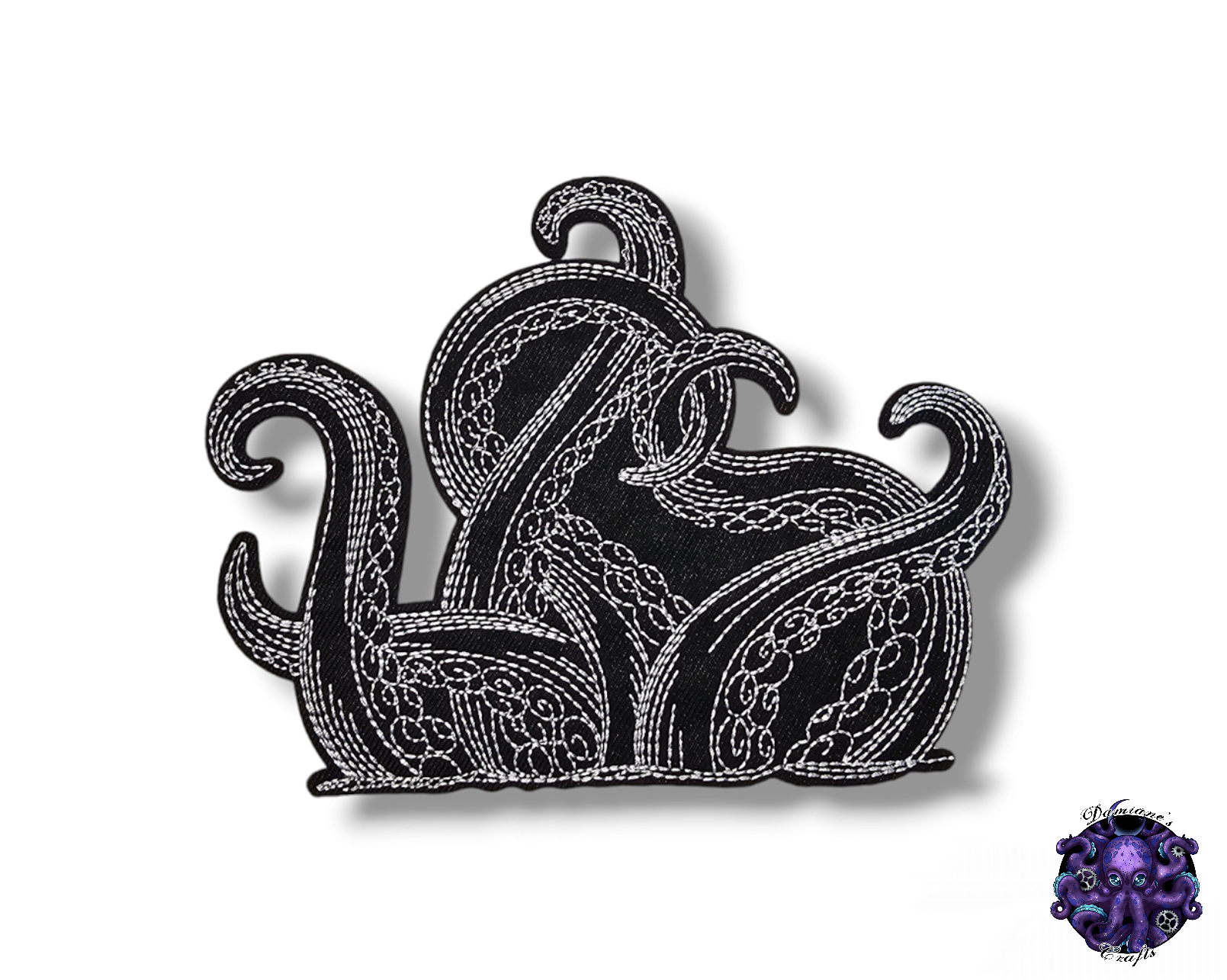 Embroided Patch, Iron on, Glue, Craft supply, Embroidery, Fabric, Tentacles, octopus, steampunk, animal, black, white, medium