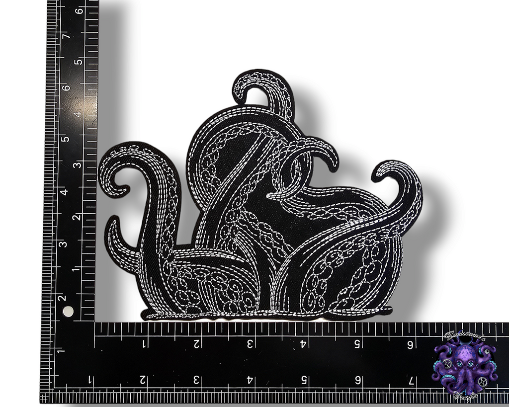 Embroided Patch, Iron on, Glue, Craft supply, Embroidery, Fabric, Tentacles, octopus, steampunk, animal, black, white, medium