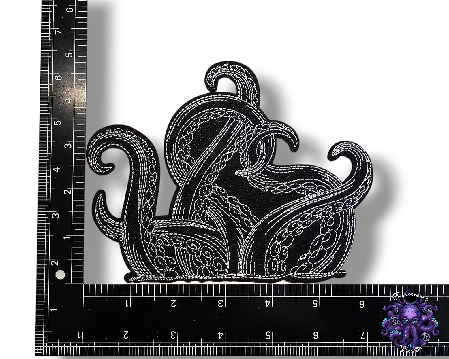 Embroided Patch, Iron on, Glue, Craft supply, Embroidery, Fabric, Tentacles, octopus, steampunk, animal, black, white, medium