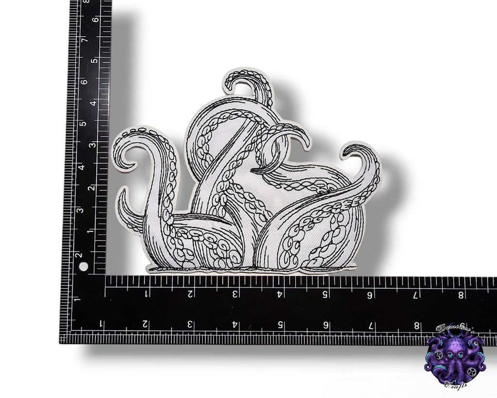 Embroided Patch, Iron on, Glue, Craft supply, Embroidery, Fabric, Tentacles, octopus, steampunk, animal, black, white, medium