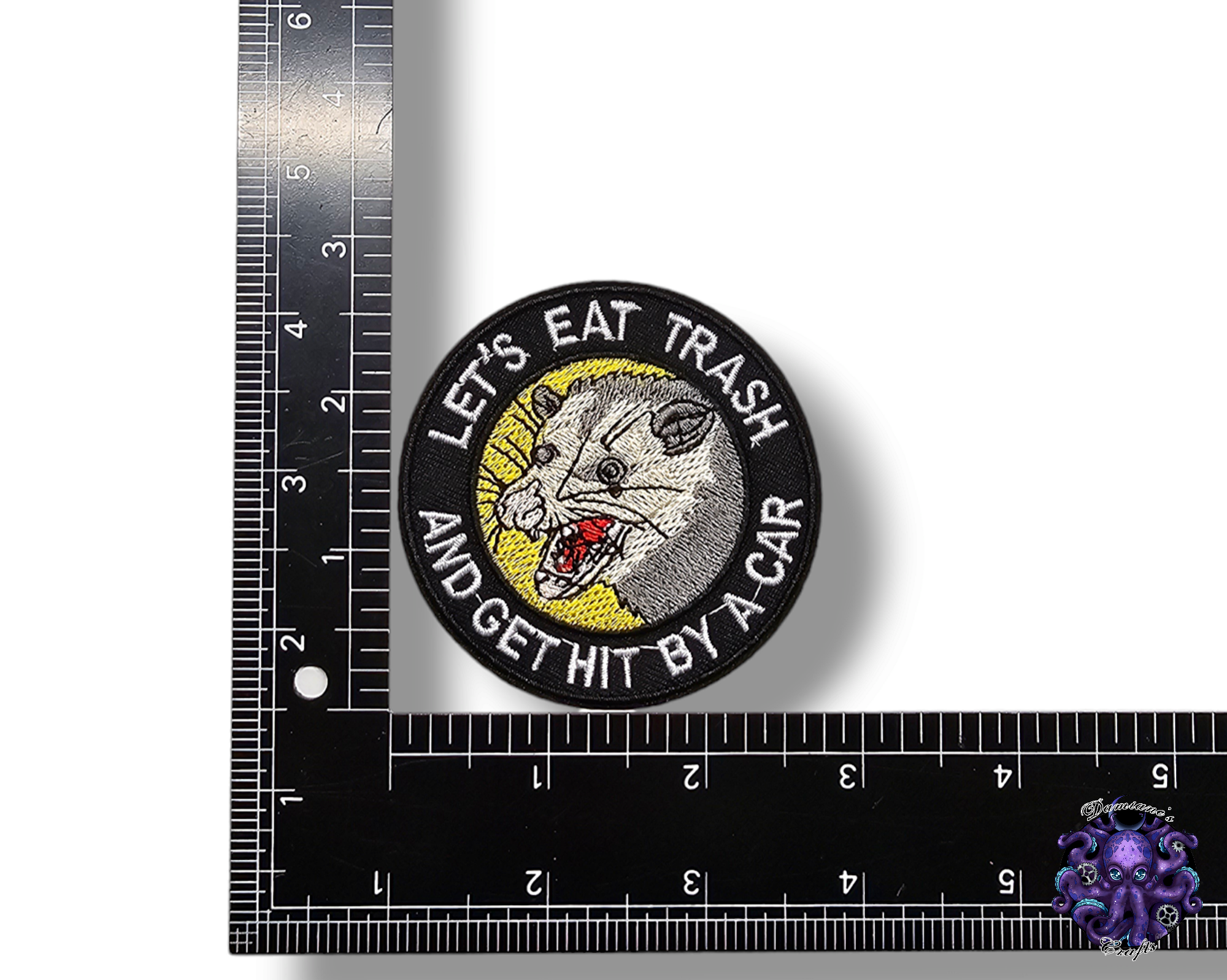 Embroided Patch, Iron on, Glue, Craft supply, Embroidery, Fabric, Raccoon, Possum, Opossum, Garbage, Chaos, Play dead, Eat the rich, Punk, Weird, crazy, trash can, trashy