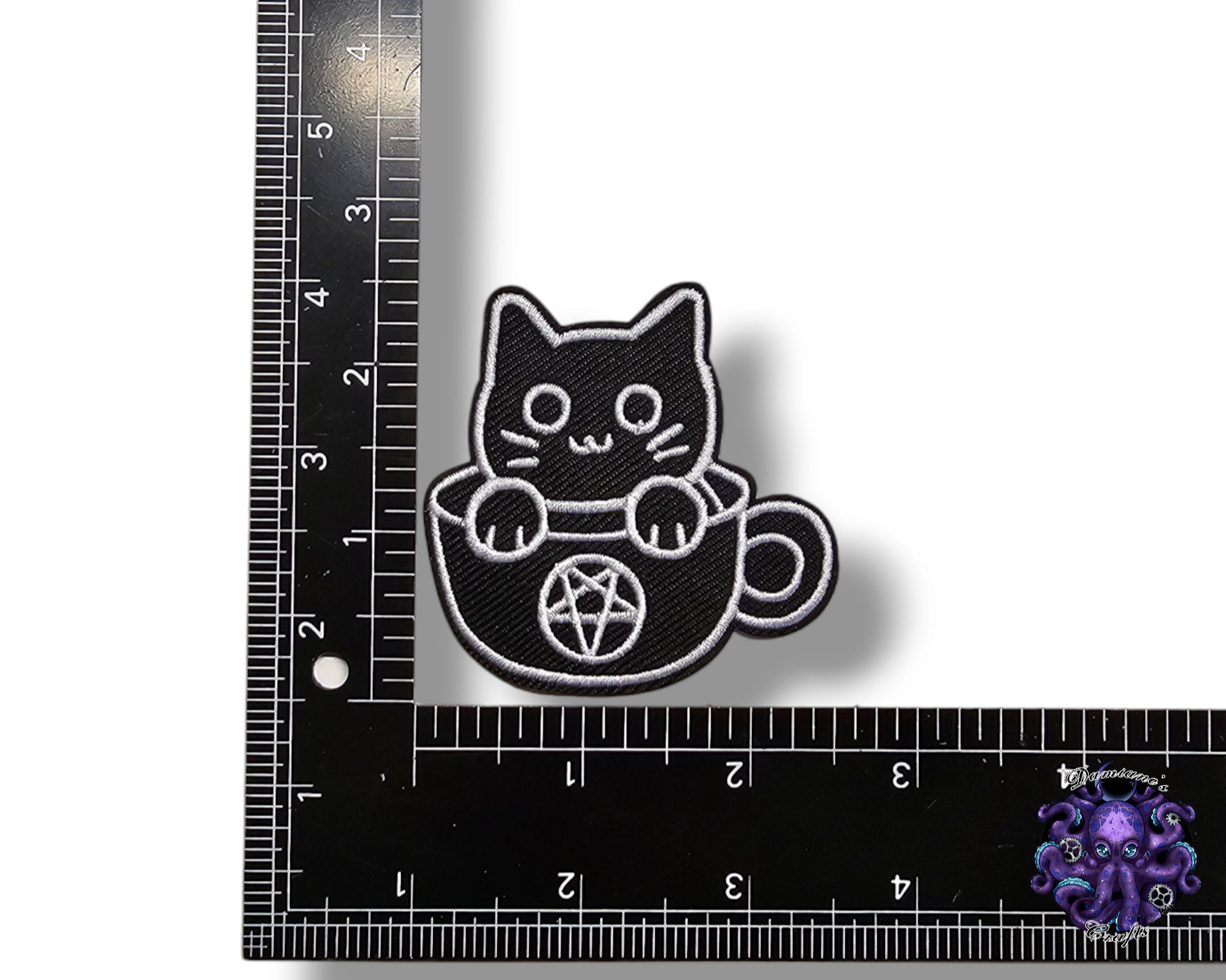 Embroided Patch, Iron on, Glue, Craft supply, Embroidery, Fabric, Cat, cute, animal, tea, Coffee, pentagram, pentacle, knife