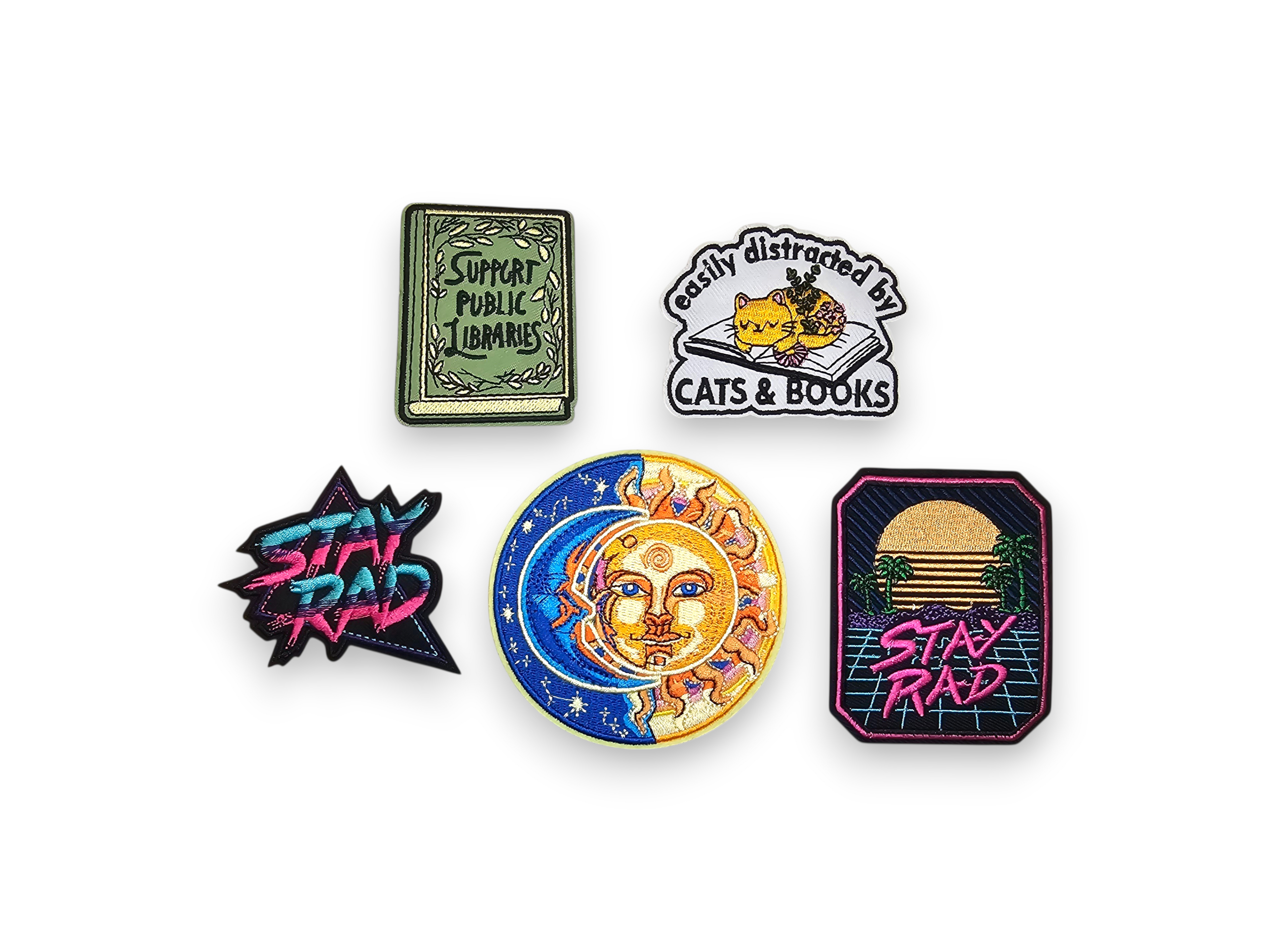 Embroided Patch, Iron on, Glue, Craft supply, Embroidery, Fabric, Meme, funny, Quote, Public librairy, Cat, Book, Stay Rad, Moon, Sun