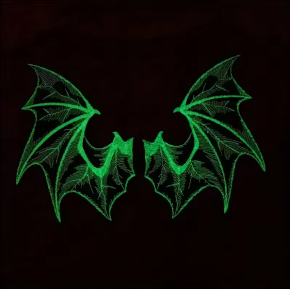 Medium, Pair, Embroided Patch, Iron on, Glue, Craft supply, Embroidery, Fabric, Bat, wings, White, Black, Gothic, Vampire, Glow in the Dark